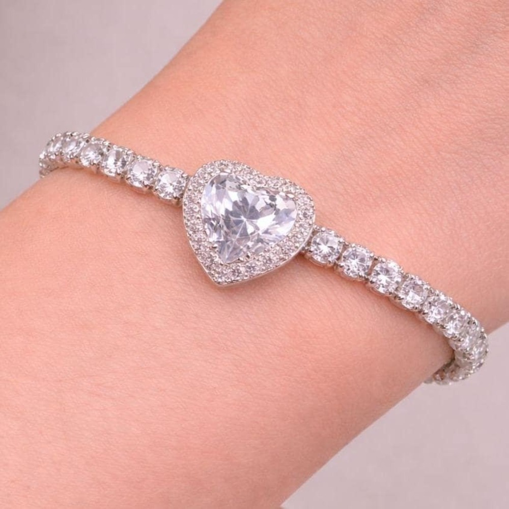 Heart Bracelet Adjustable Tennis Sterling Overlay‎ Made with Swarovski Crystal
